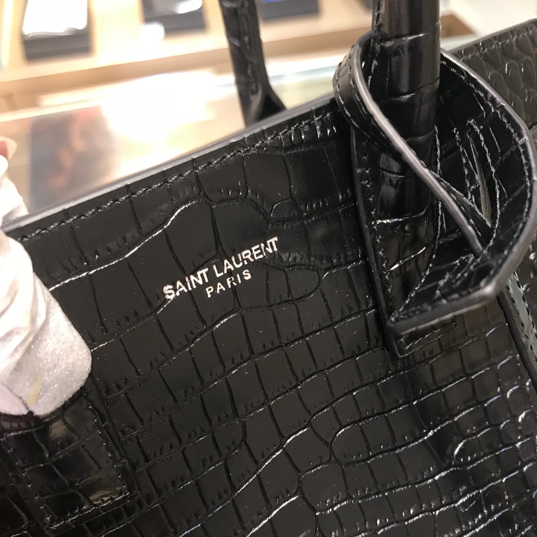 Saint Laurent Sac De Jour Nano Crocodile Embossed Calfskin Handbag Shoulder Bag Black 392035 Silver